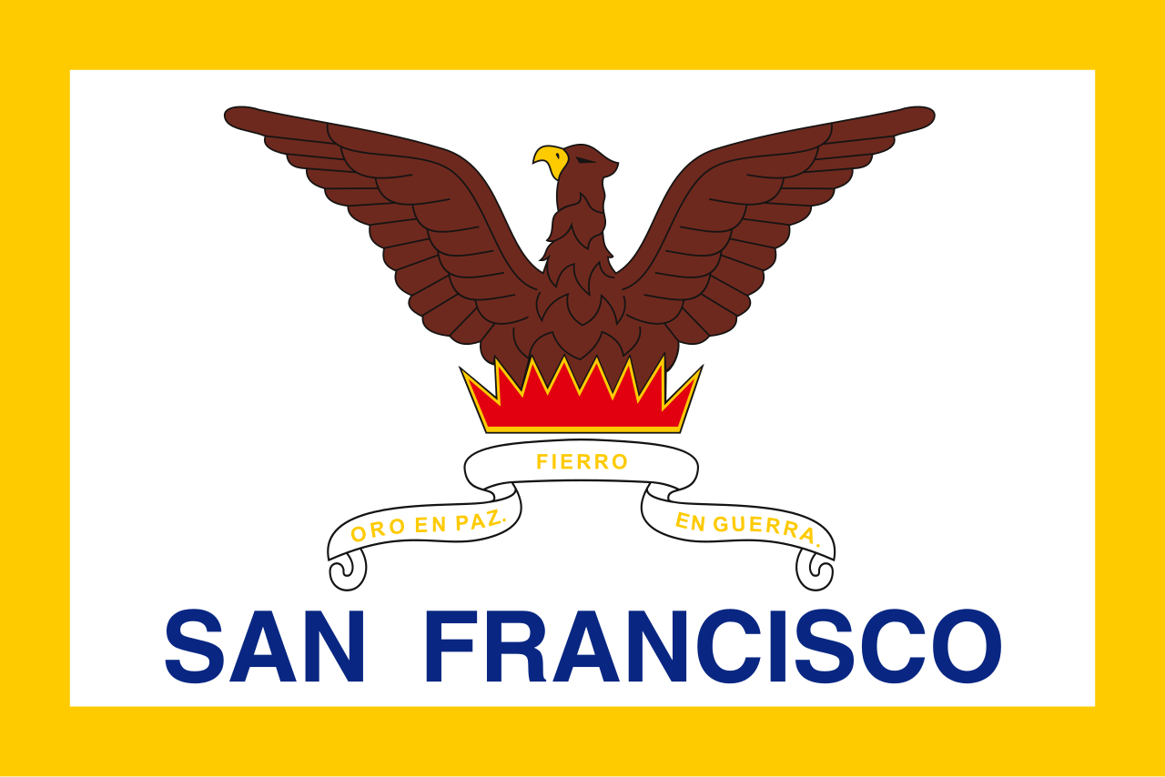 Flag of San Fransisco, featuring a pheonix rising from the ashes above a ribbon with the moto "Oro en paz. Fierro en guerra."