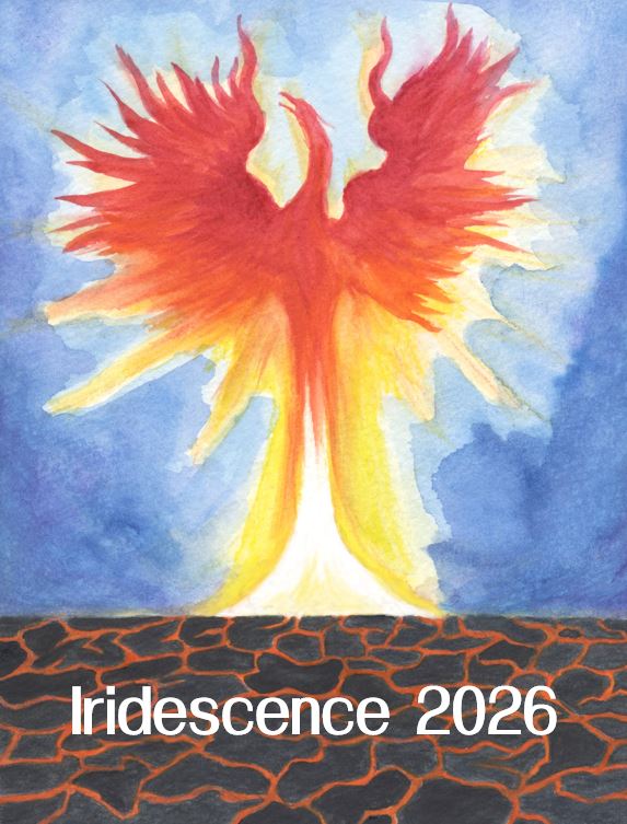 A watercolor illustration of a fiery phoenix on a blue background above a wasteland of lava with the text "Iridescence 2026".