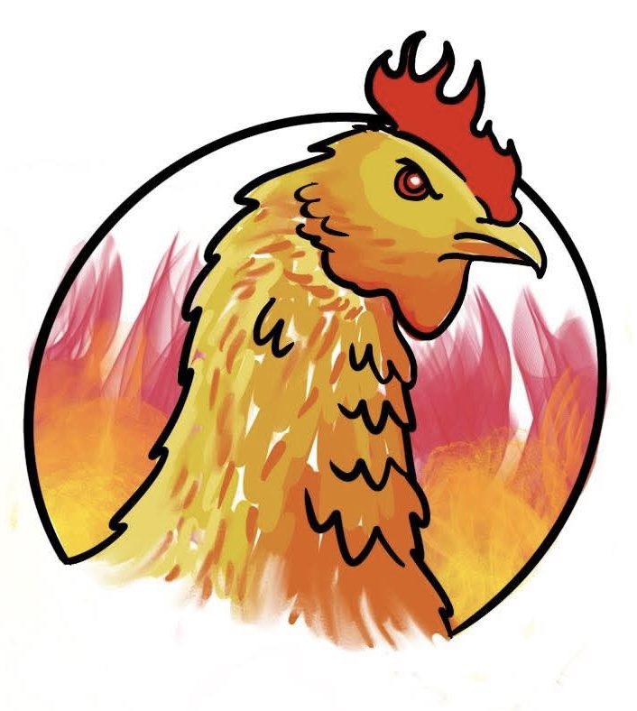 Sue Mason' s drawing of the head and neck of an angry looking chicken against a fiery background