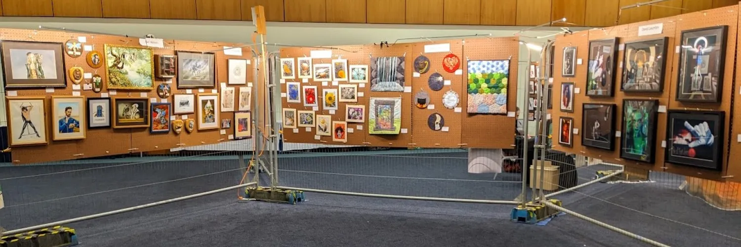 A photo of artwork by several artists hanging on peg-boards.