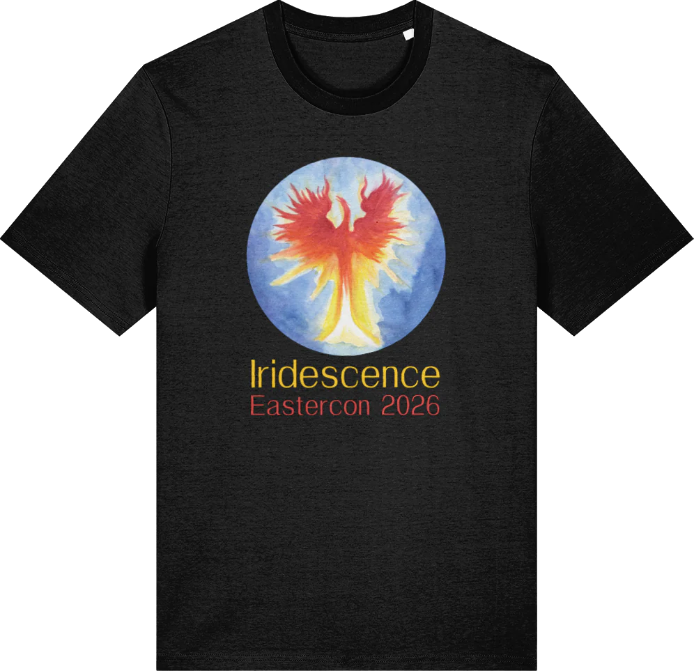 Black t-shirt with the phoenix of the Iridescence logo in a circle above the text "Iridescence Eastercon 2026"