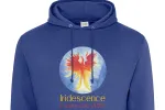 Blue hoodie with the Iridescence logo
