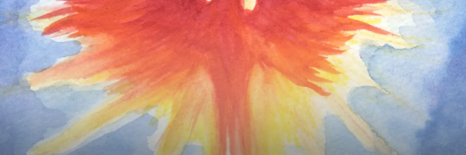 watercolour illustration of a phoenix rising with wings outstretched in shades of red, orange and yellow against a blue background. The word “Programme” appears in large white text across the bottom, with the words “Iridescence” and “eastercon2026.org” in smaller white text in the lower right corner.