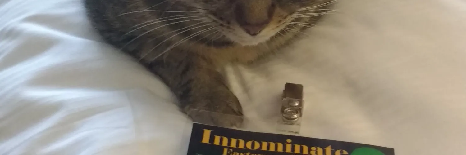 Cat with a 2017 Eastercon Badge